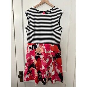 Sandra Darren Women's Black White Stripe Pink Floral Sleeveless Dress Size 14
